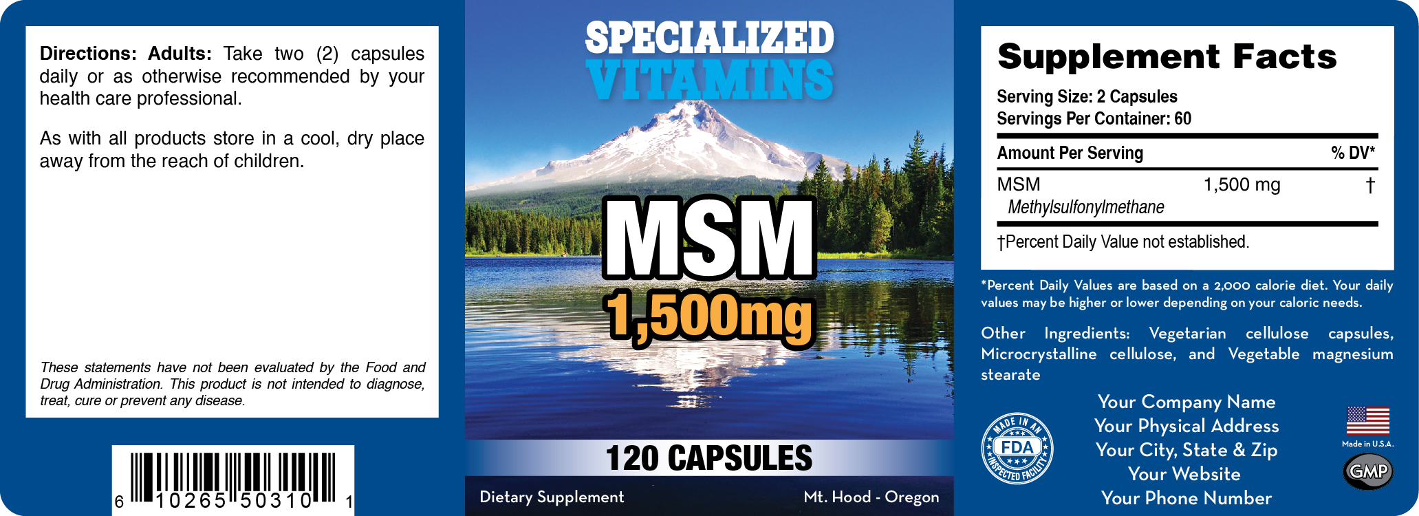 MSM-Methyl-Sulfonyl-Methane- 1,500 mg - 120 Caps - 60 Servings