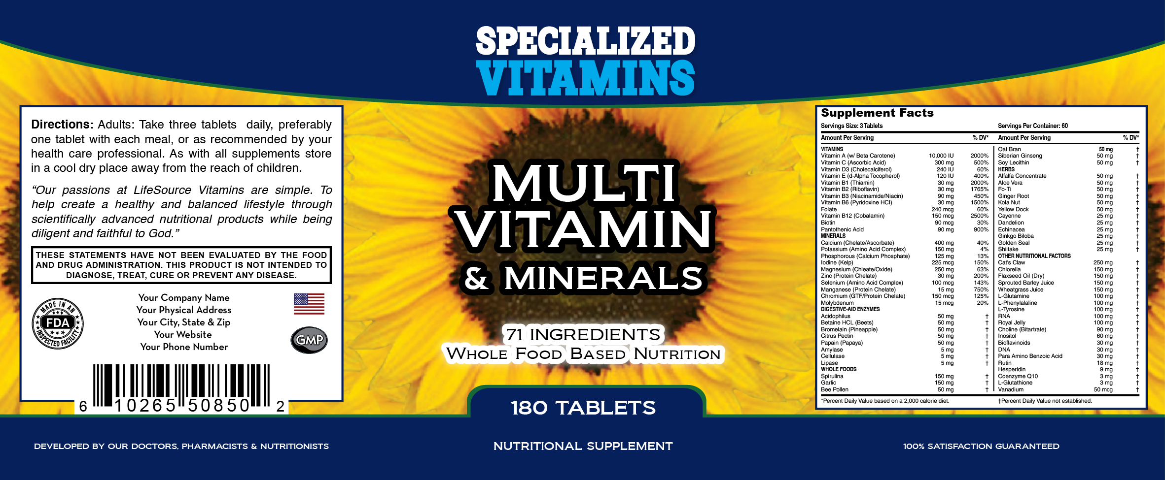 Multivitamins & Minerals - Whole Food Live Ingredients - 180 Tablets - Proprietary Formula