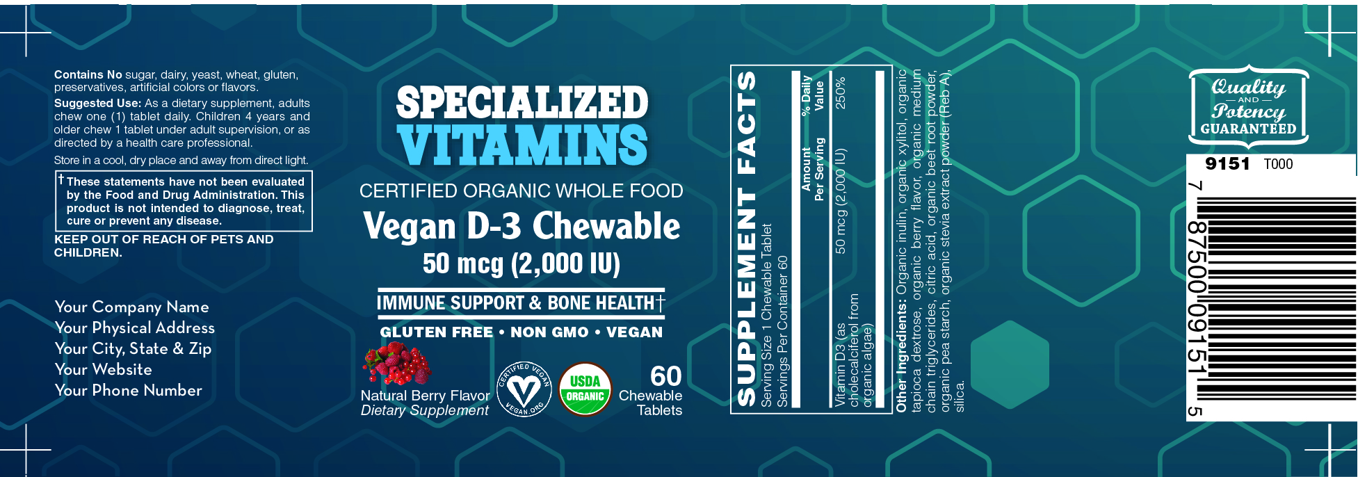 Vitamin D3 2,000 IU VEGAN 60 Chewable Tabs